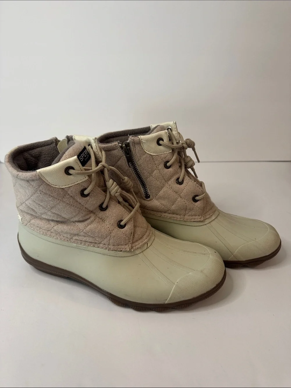 Sperry Duck Boots Quilted Wool Lace-Up Side Zip Waterproof Boots, Tan & Cream